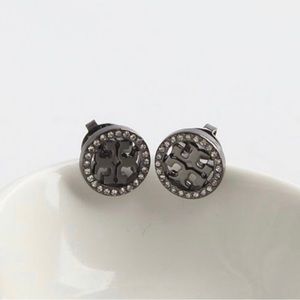 Tory Burch Logo Crystal Studs - DARK GREY - Brand New